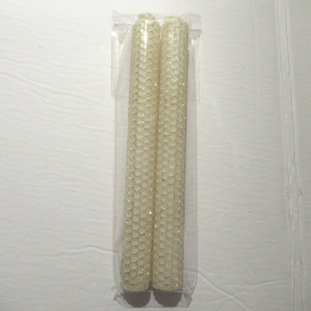 1 Pair, 8" Bees Wax Candles, White w/ Gold Glitter, Handmade, Organic